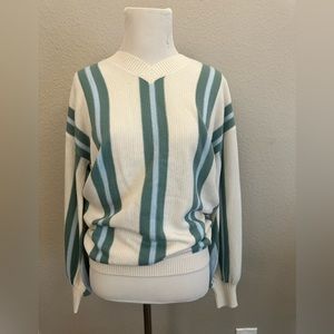 Cream Vertical Stripe Bishop Sleeve V-Neck Sweater, Size XS